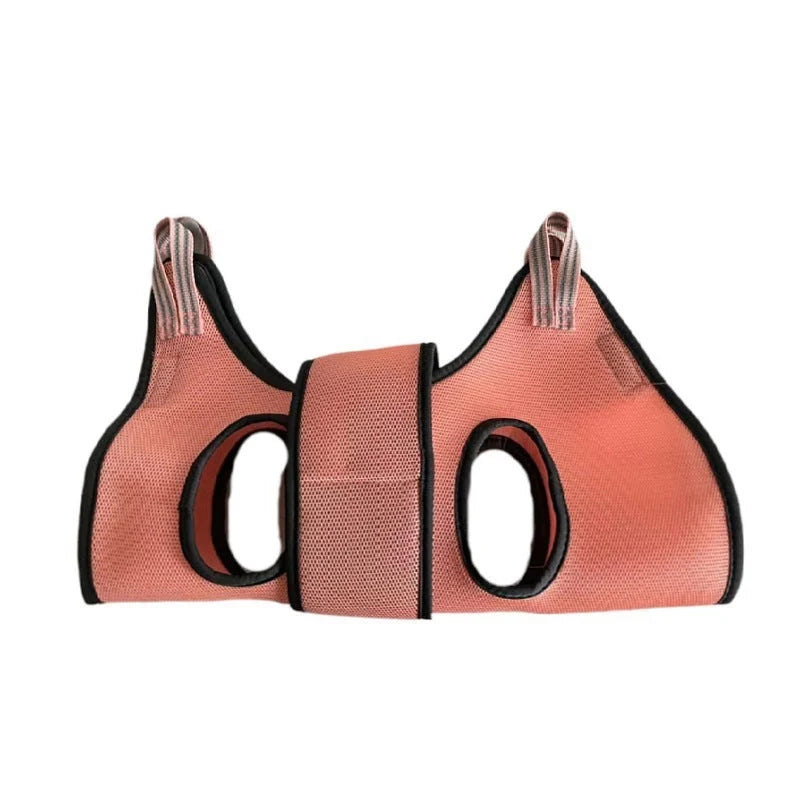 Pet Grooming Hammock Helper in blue and pink, showing size options and included accessories