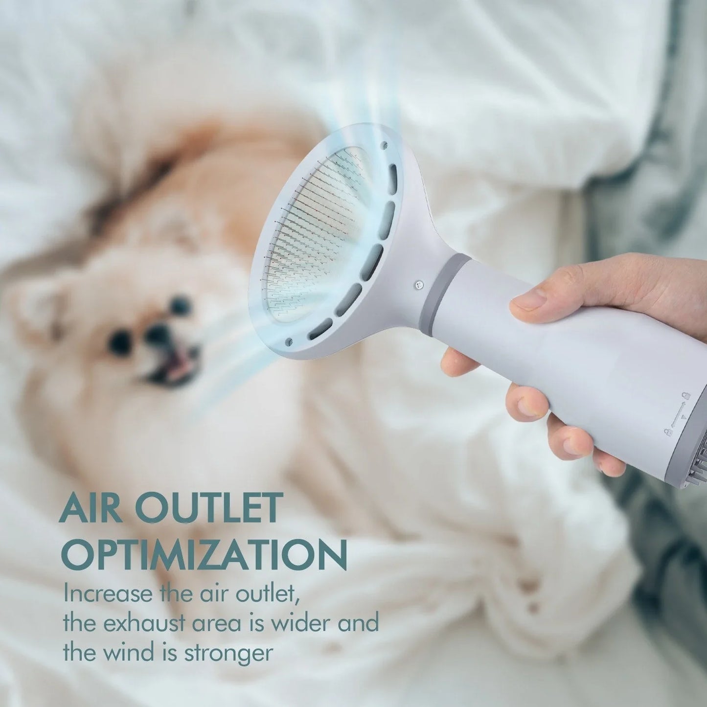 Powerful and quiet pet hair dryer with stainless steel slicker brush attachment