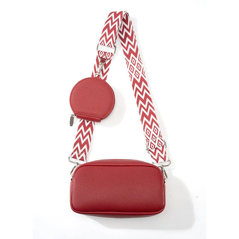 Women's soft PU crossbody bag in horizontal square shape showing internal zipper pocket and eight colour options