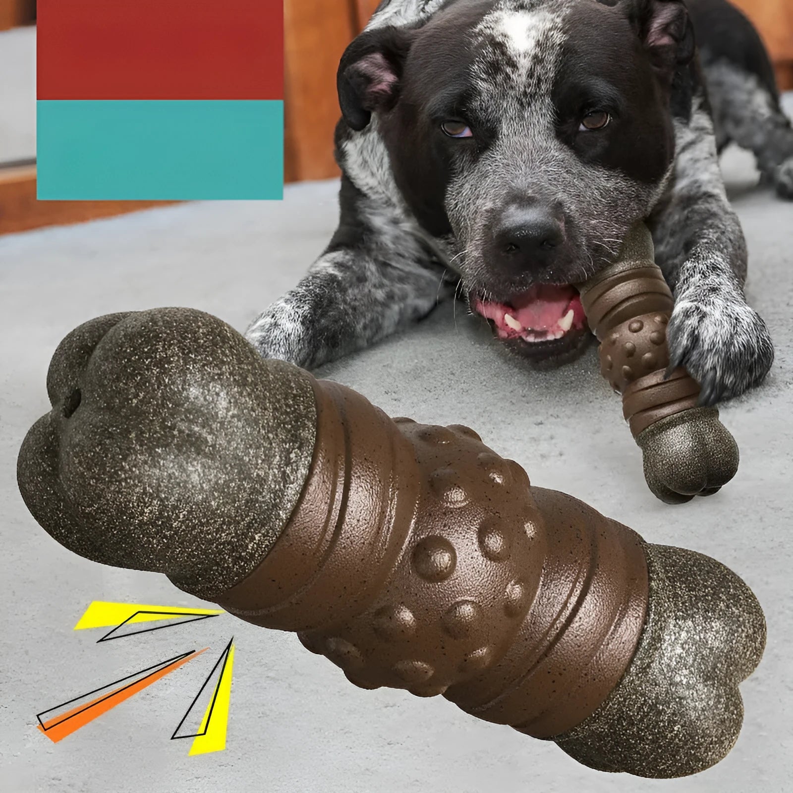 Wood colour plastic bone-shaped dog chew toy with a textured central molar rod for dental care.