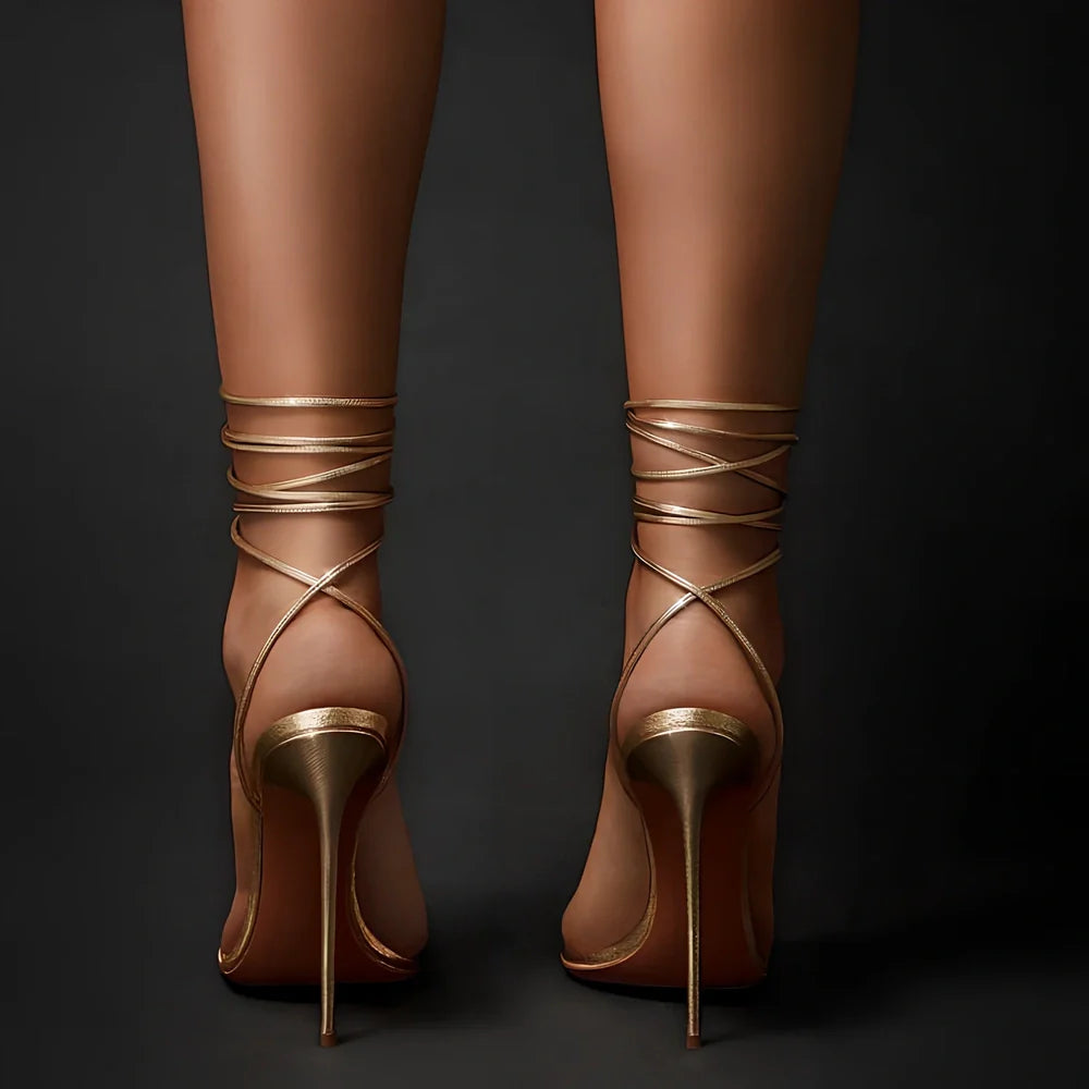 Golden women's ankle strap stiletto sandals with pointed toe, 8 cm heel, rubber sole, sizes 34-46