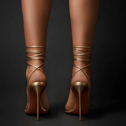 Golden women's ankle strap stiletto sandals with pointed toe, 8 cm heel, rubber sole, sizes 34-46