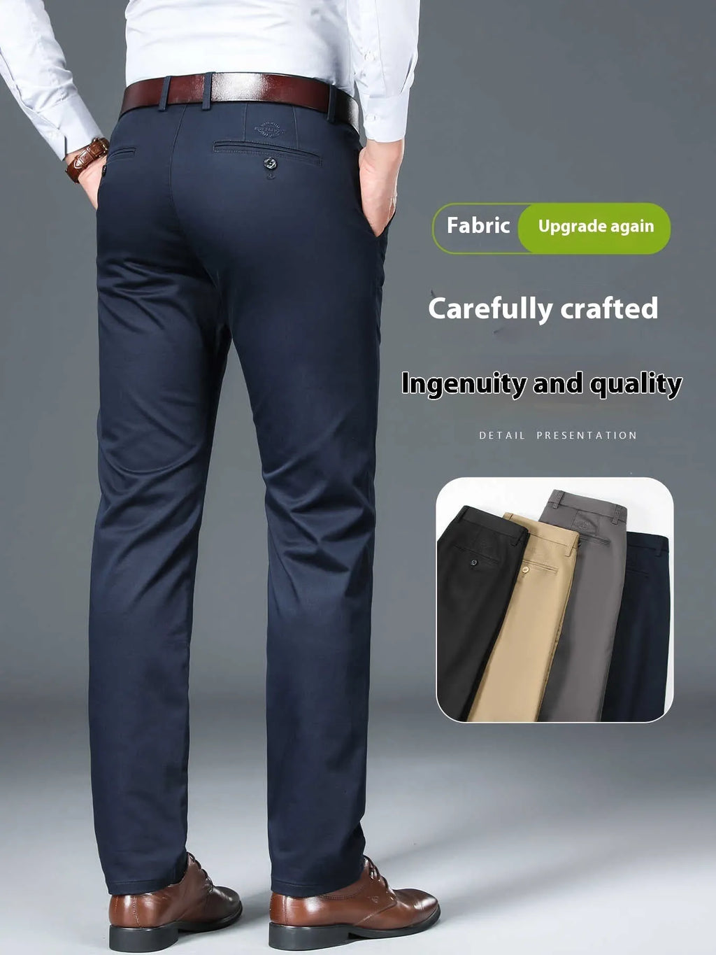 Men's straight-leg non-ironing trousers in a grey cotton blend fabric on a hanger