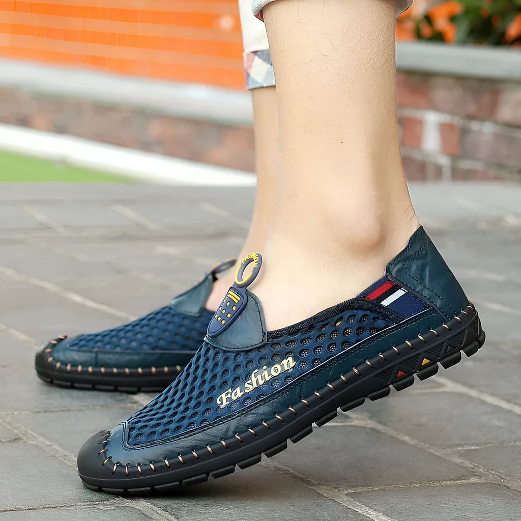 Men's brown breathable mesh casual shoes with a round toe and non-slip rubber sole.