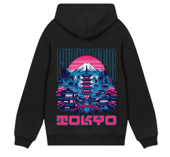 Men's heavyweight washed vintage loose pullover hoodie in black, top stitched patch pocket, polyester, autumn wear