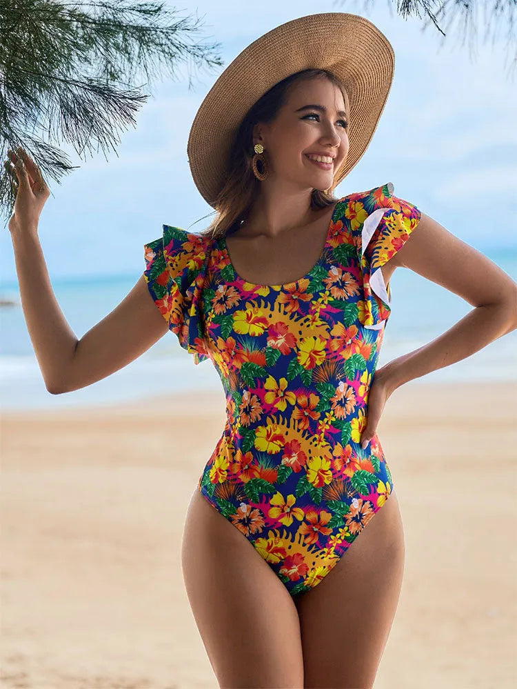 Women's one-piece swimsuit with U-shaped collar and lace detailing on polyester fabric