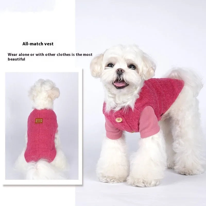 Small dog wearing a blue cashmere-print cotton vest for autumn and winter.