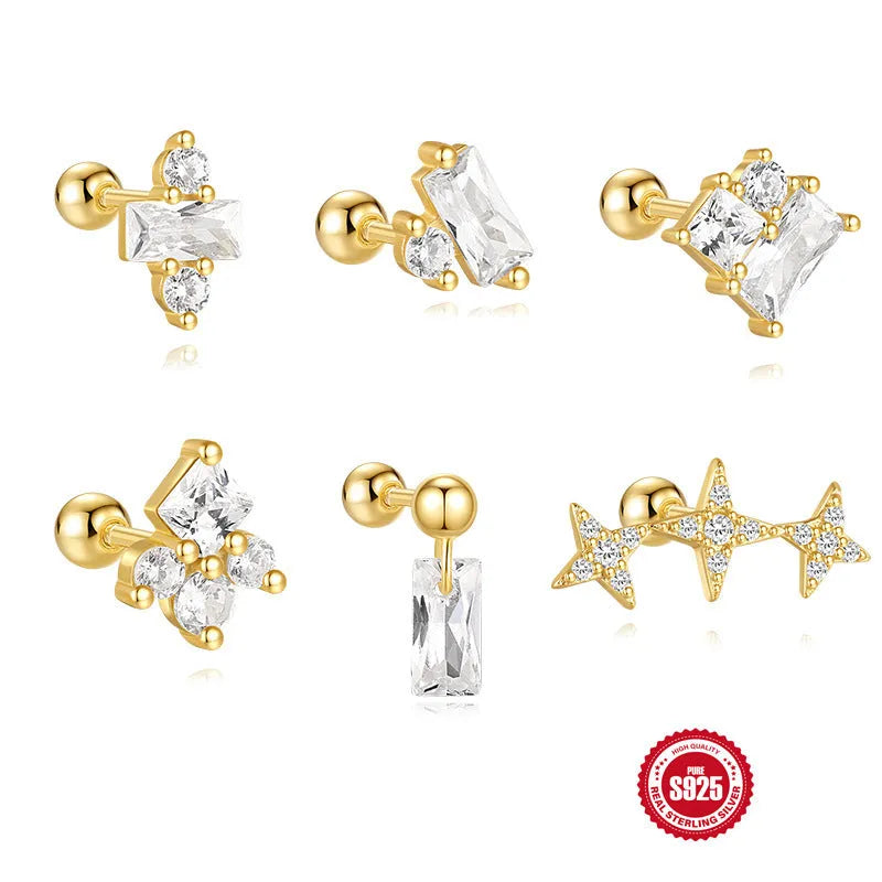 S925 sterling silver square stud earrings with red gravel texture and a golden electroplated flower centre.