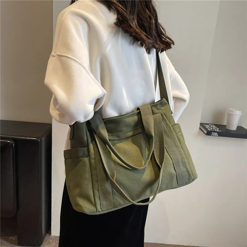 Women's solid colour polyester canvas shoulder bag with sandwich pockets and mobile phone compartment