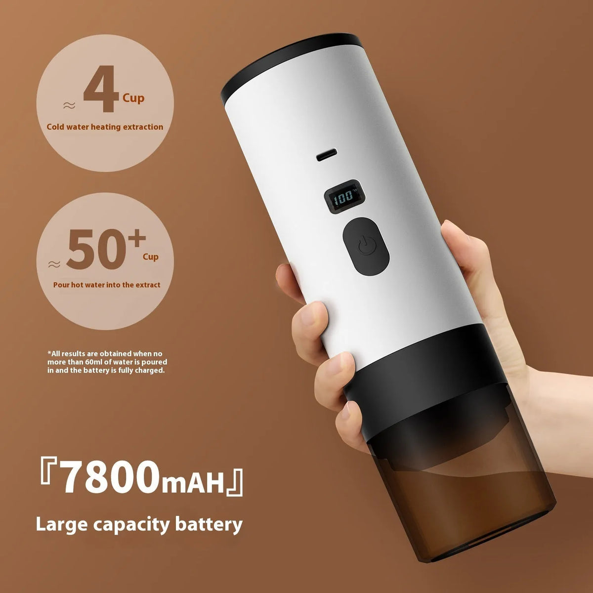 Portable capsule coffee machine in champagne colour with LCD display and wireless heating for travel use