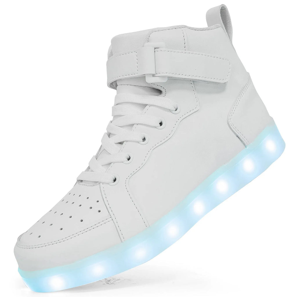 LED light-up high-top board shoes with Velcro strap in black, gold, or white on rubber sole