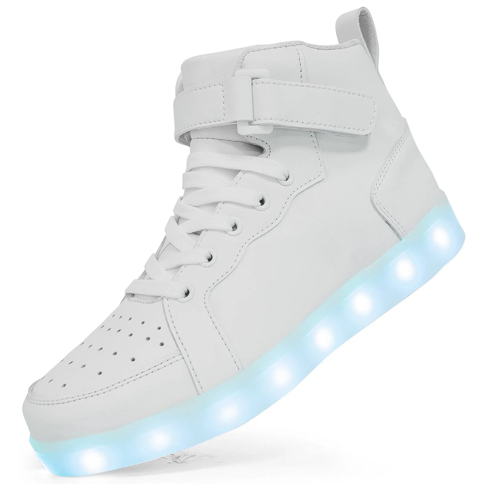 LED light-up high-top board shoes with Velcro strap in black, gold, or white on rubber sole