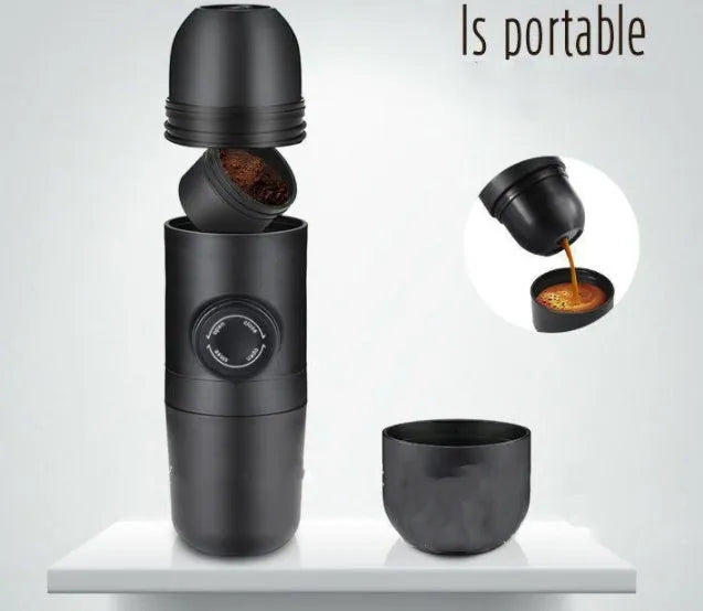 Black portable manual espresso maker showing compact 17.5cm height and 6cm diameter.