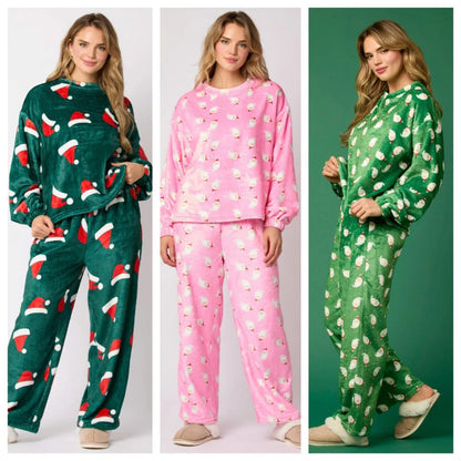 Women's 2024 flannel pajama sets in festive designs with long sleeves