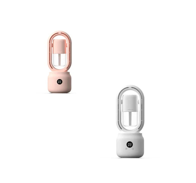 USB rechargeable bladeless water mist fan with humidifier in white, blue, and pink