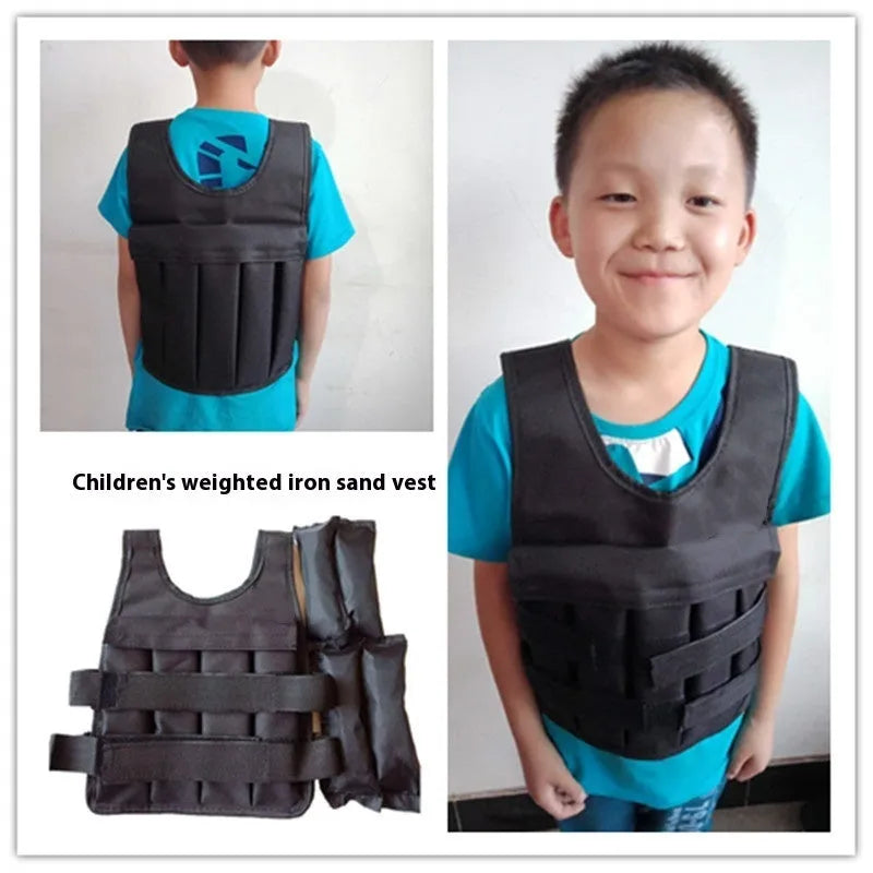 Children's adjustable sand vest with weight pockets showing height ranges 80-160cm and load options 2kg to 8kg
