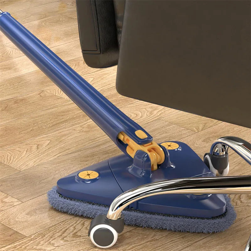 Blue and white extendable triangle cleaning mop with rotating head on a stainless steel pole.