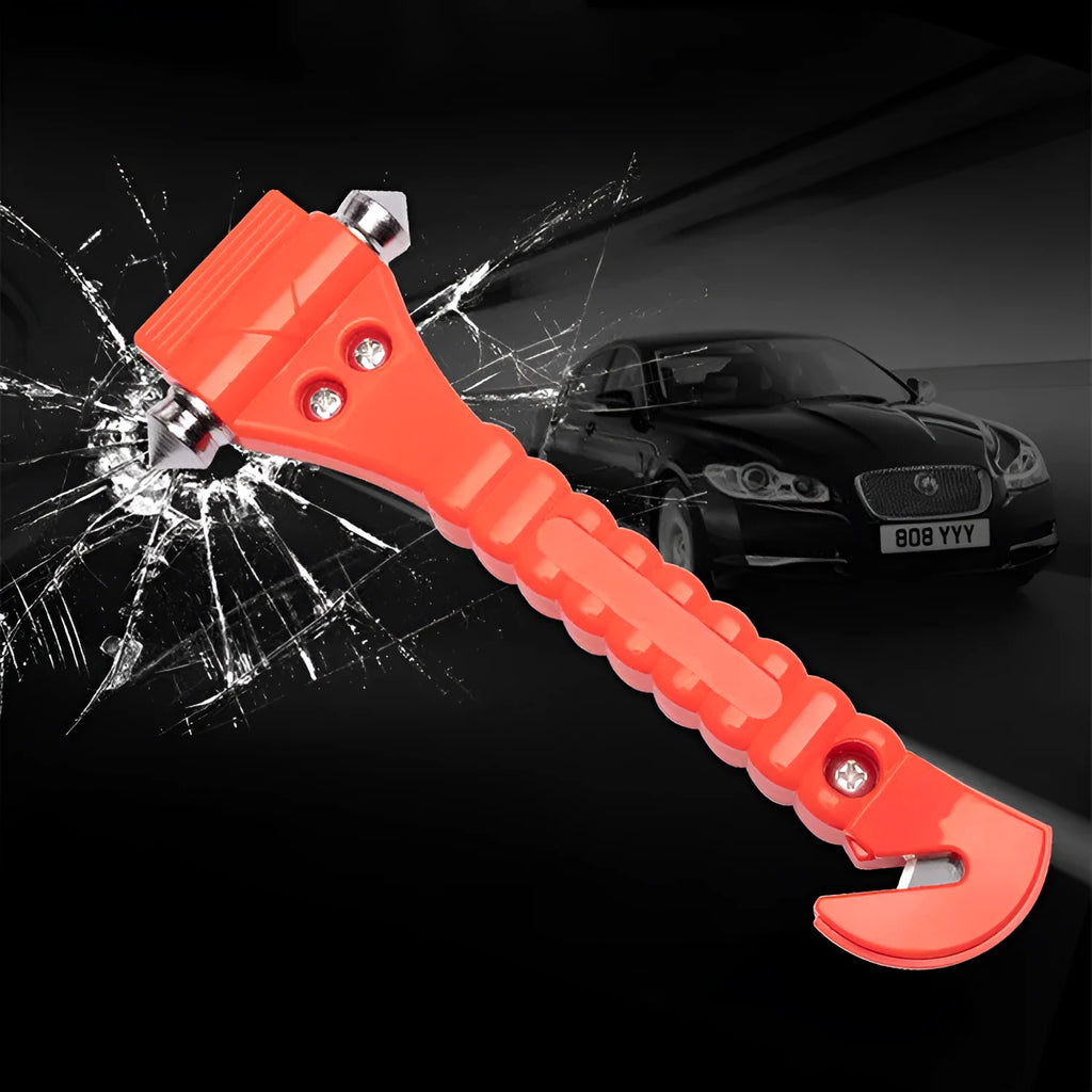 Red car life safety hammer with window breaker and seat belt cutter functions