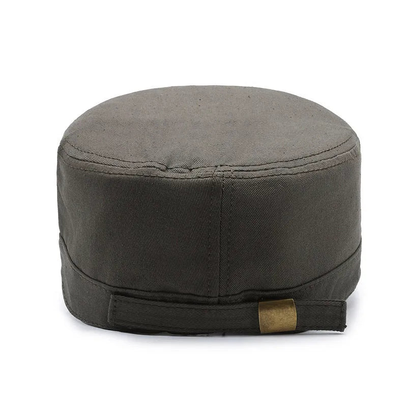 Men's adjustable flat-top cotton peaked cap in army green with English letter detail.