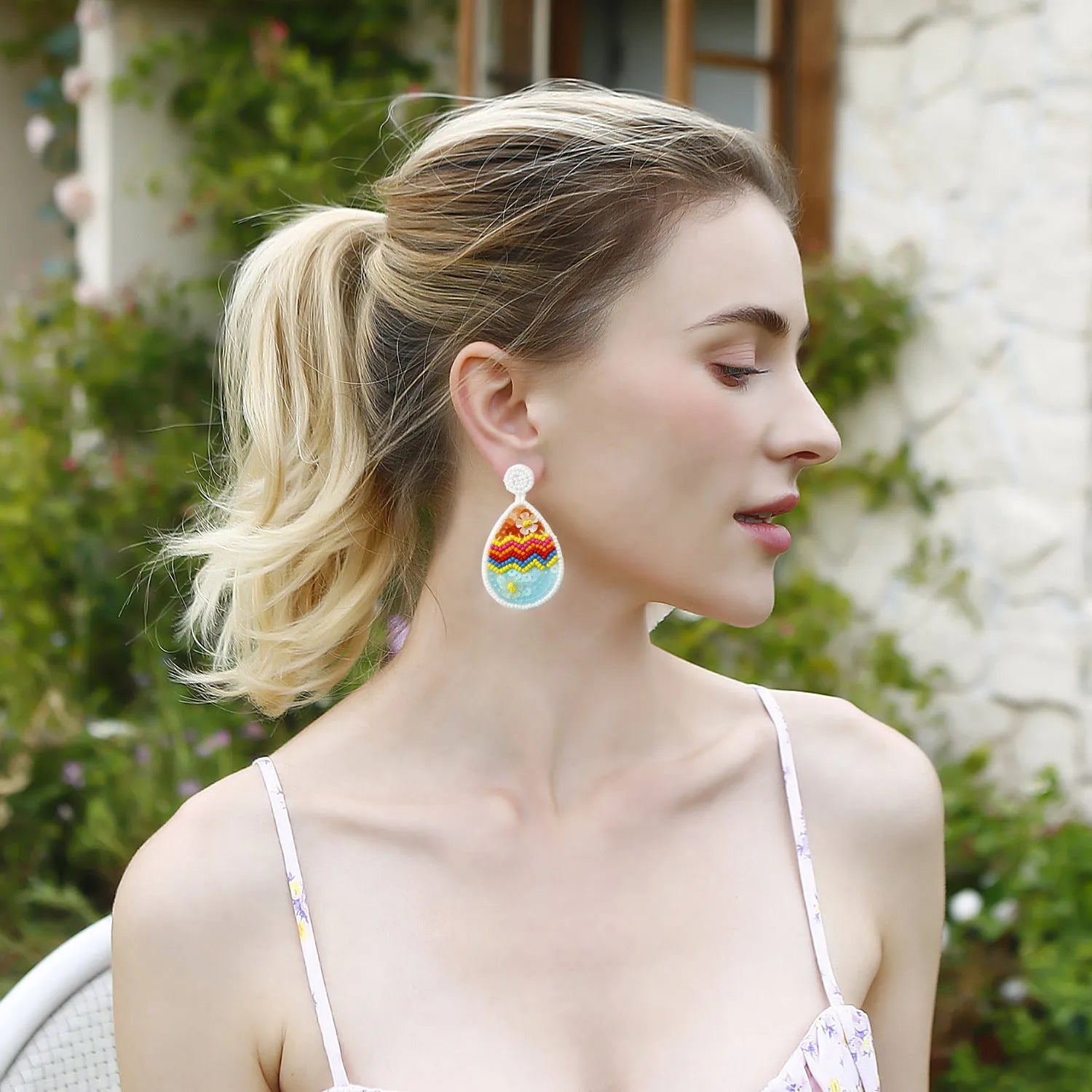 Hand-woven beaded drop earrings in geometric Easter egg shape, colour E69066, 6.7cm by 3.7cm