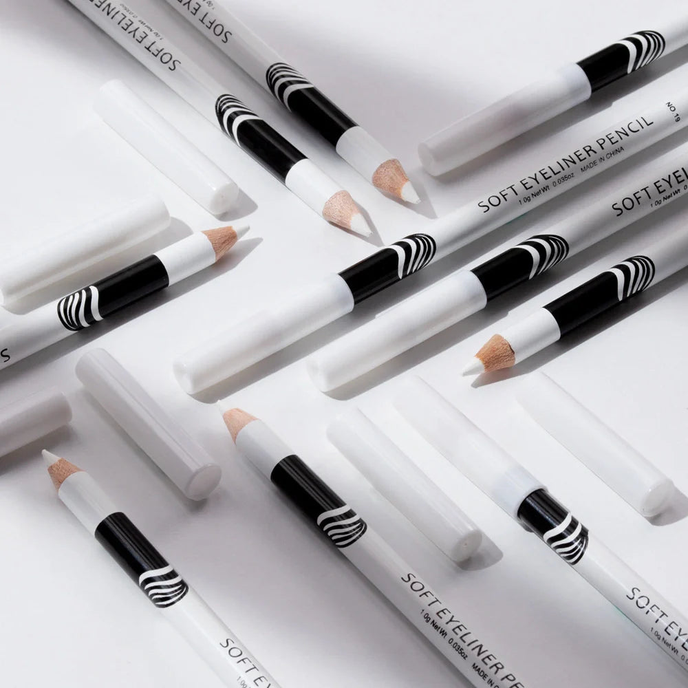 Box of 12 white eyeliner pencils showing waterproof formula and high gloss finish