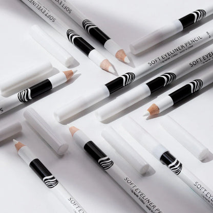 Box of 12 white eyeliner pencils showing waterproof formula and high gloss finish