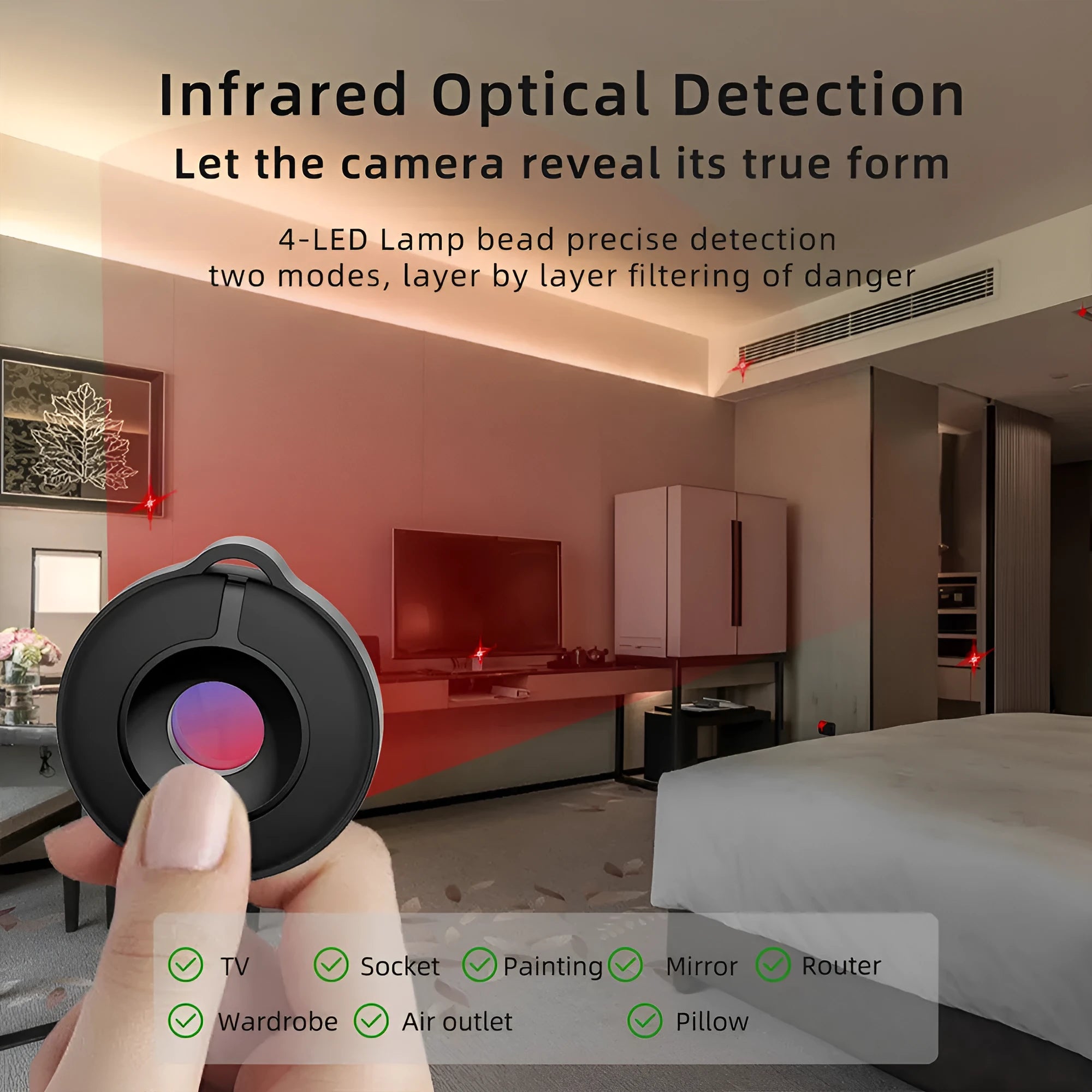 Compact S600 coloured camera detector for infrared hidden camera detection with a 5-metre range.