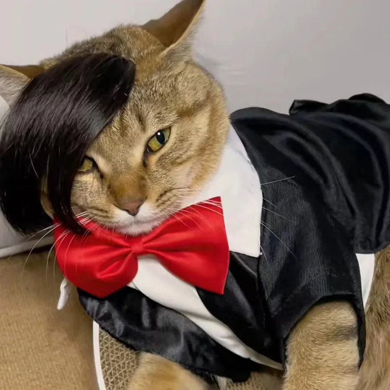 Black fox-style cat wig with imitation braid for pet dress up