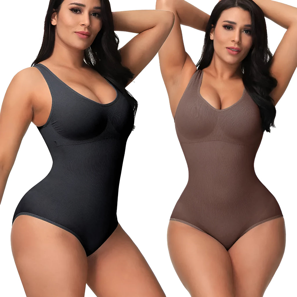 Seamless nylon corset bodysuit for women in apricot colour, showing one-piece shapewear design.
