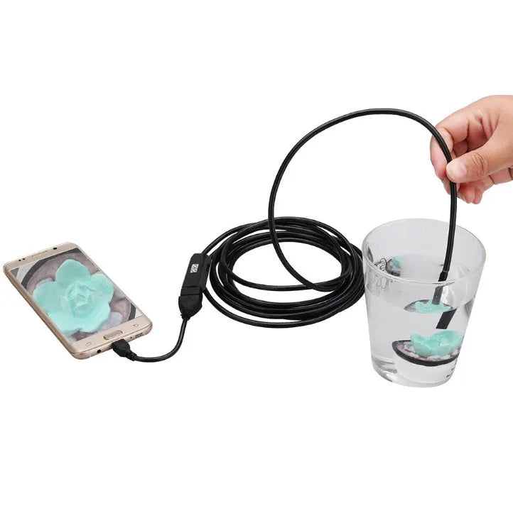 OWSOO USB endoscope with flexible cable, camera head, LED lights, hook, magnet, and mirror for phone and computer inspection.