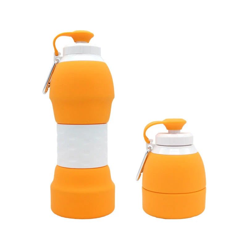 Collapsible silicone water bottle in various colours, showing folded and unfolded states