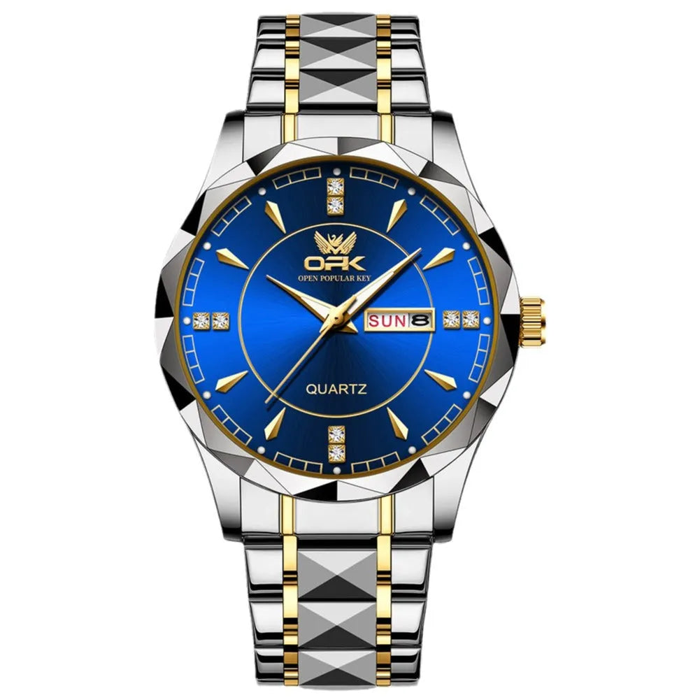 Stainless steel double calendar men's watch with round dial and metallic strap, gold and white colour option
