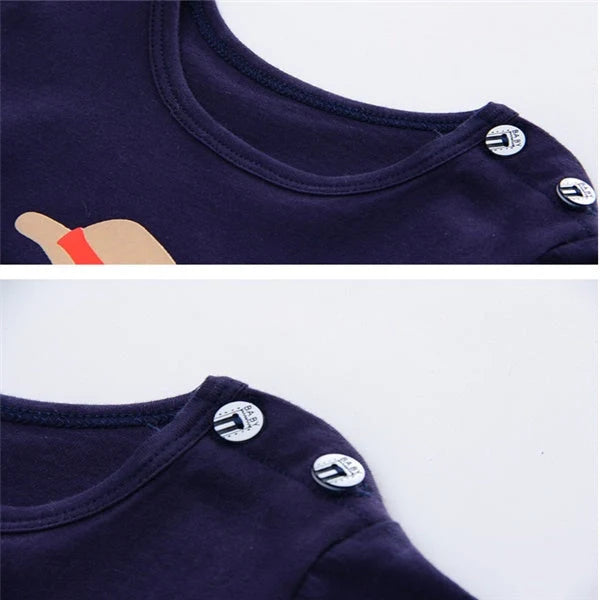 Cotton cartoon T-shirt and pants set for infants, available in various playful designs and sizes from 73cm to 110cm