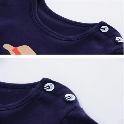 Cotton cartoon T-shirt and pants set for infants, available in various playful designs and sizes from 73cm to 110cm