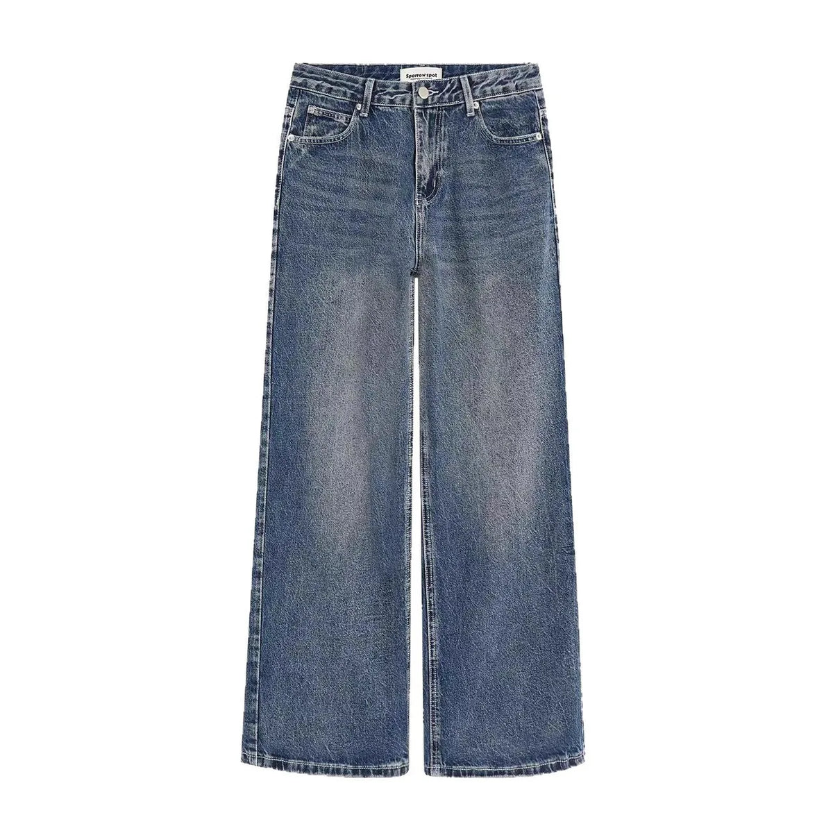 Blue embroidered high-waisted retro loose trousers for teenagers with zip placket cotton blend