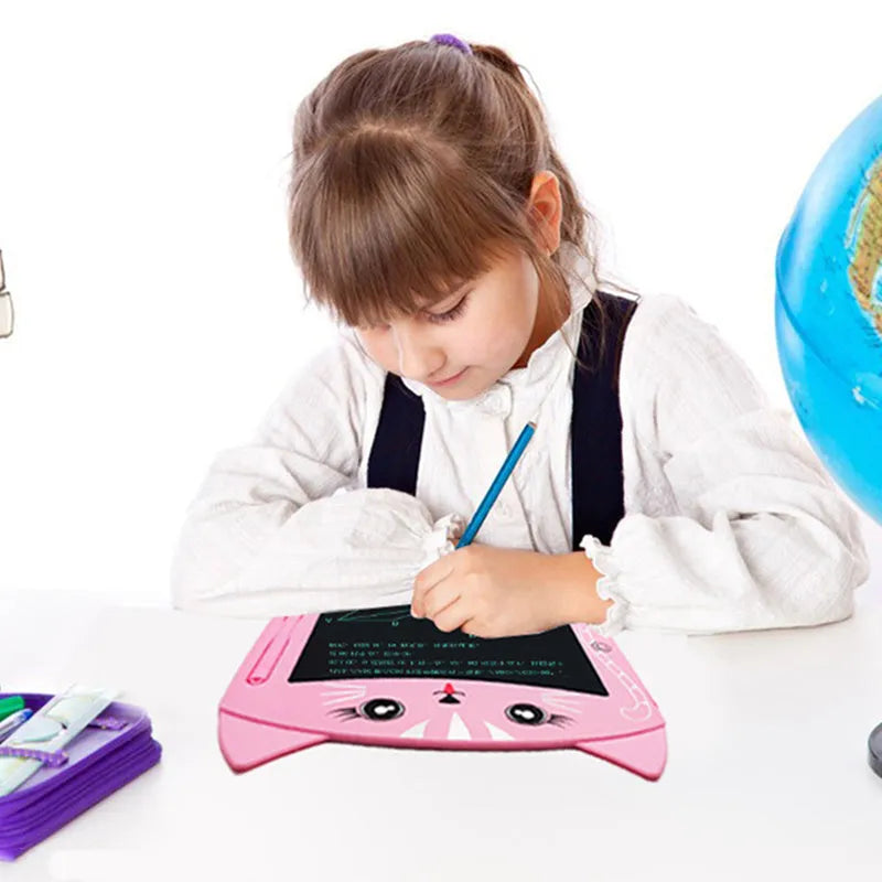 Cartoon bear children's LCD handwriting drawing board in sky blue colour on a table.