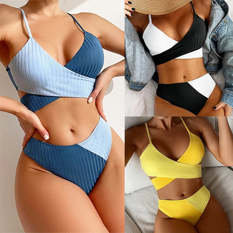 Ribbed women's bikini set with knot back and ruched butt design in various colours