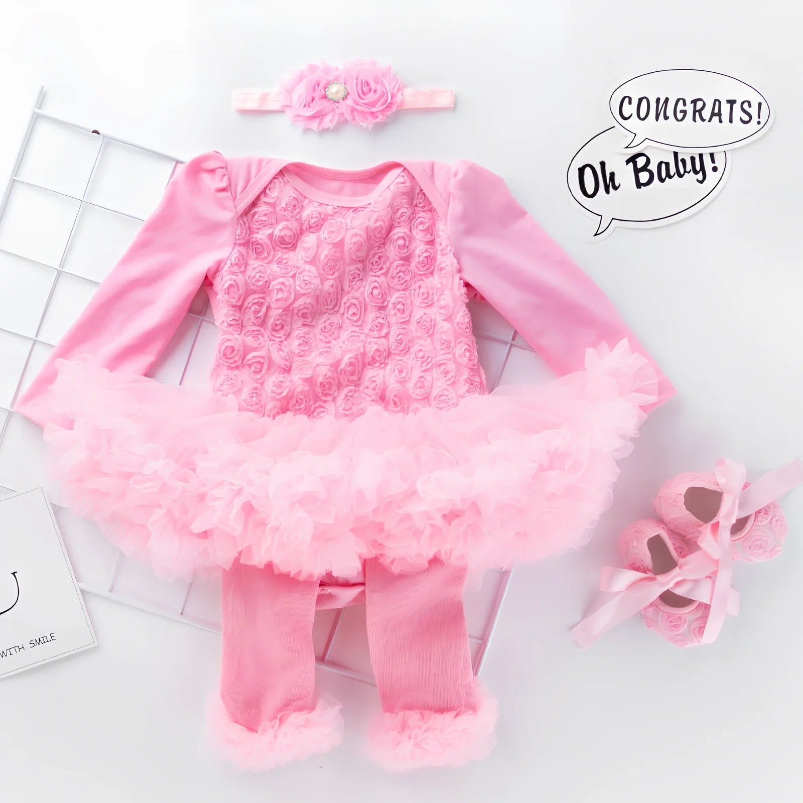 Baby girl long sleeve compound rose romper dress in pink cotton with flowers, size 59-80cm, including shoes and accessories