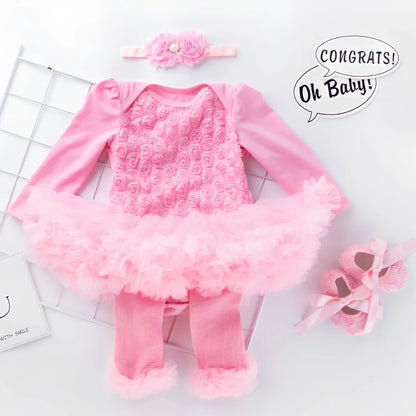 Baby girl long sleeve compound rose romper dress in pink cotton with flowers, size 59-80cm, including shoes and accessories