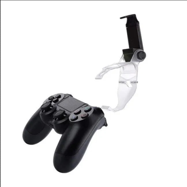Black PS4 controller clip holding a mobile phone, with OTG cable connected.