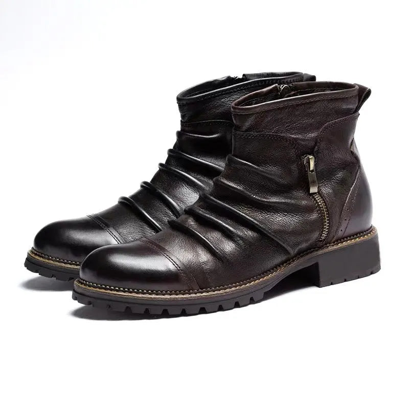 Black embossed PU Martin boots with a side zipper and a distinctive horseshoe heel.