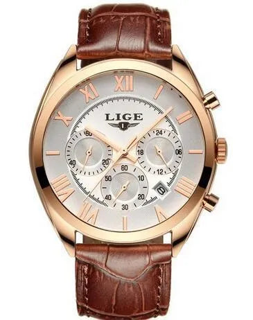 Men's sport quartz chronograph watch with black dial, leather strap, alloy case, date window, and 30M water resistance