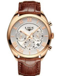 Men's sport quartz chronograph watch with black dial, leather strap, alloy case, date window, and 30M water resistance