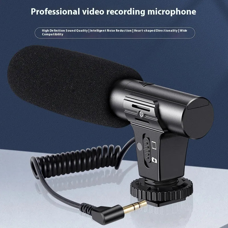 Black cardioid condenser microphone with 3.5mm TRRS plug for smartphone video recording.