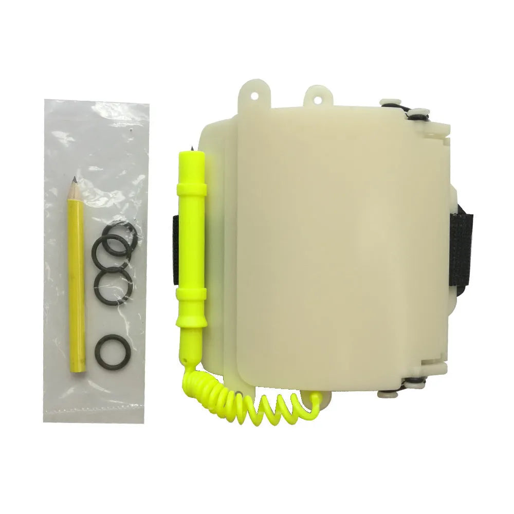 White luminous underwater handwriting wristboard with pencil and spare O-ring for scuba diving