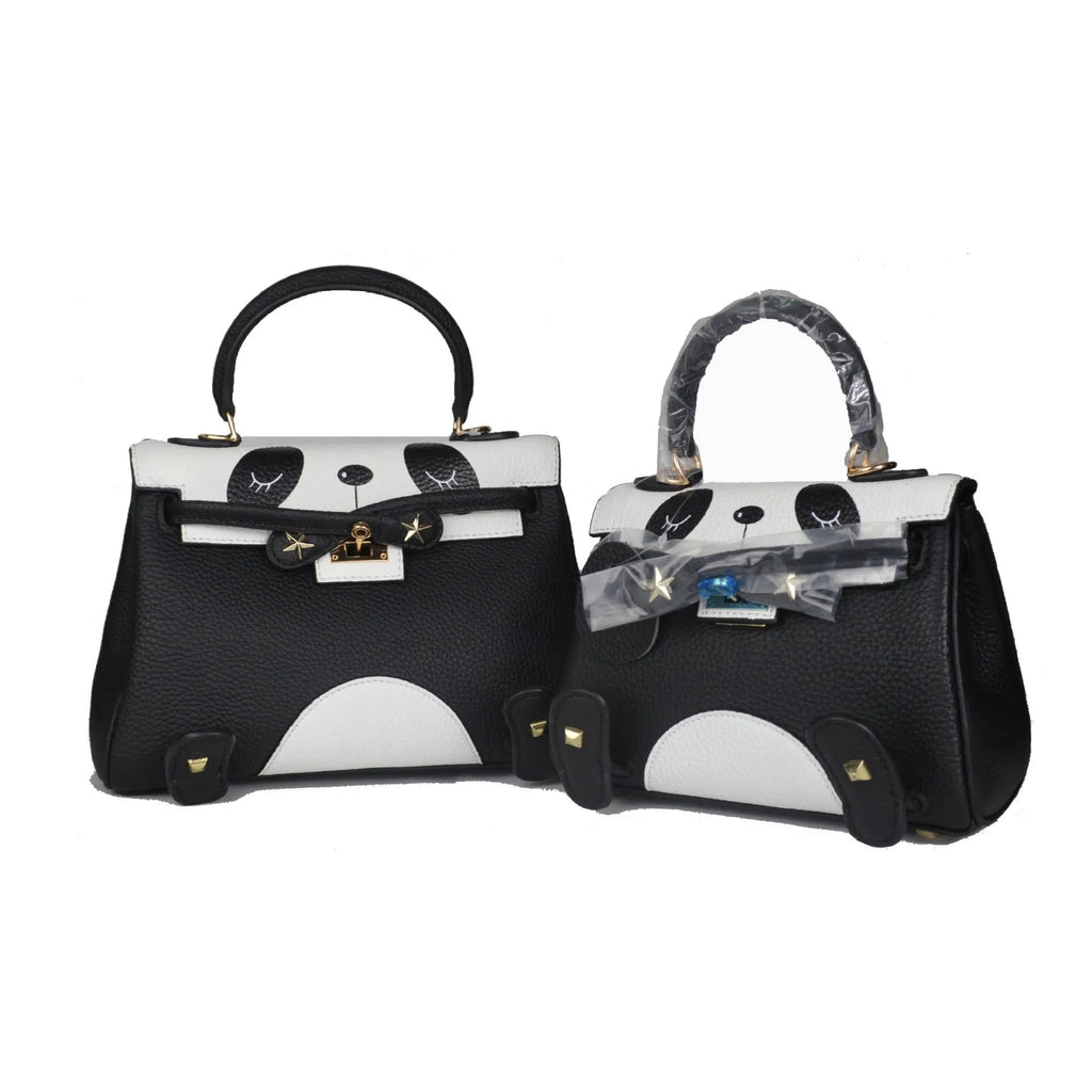 Square panda print cow leather handbag in sweet lady style showing two size options.