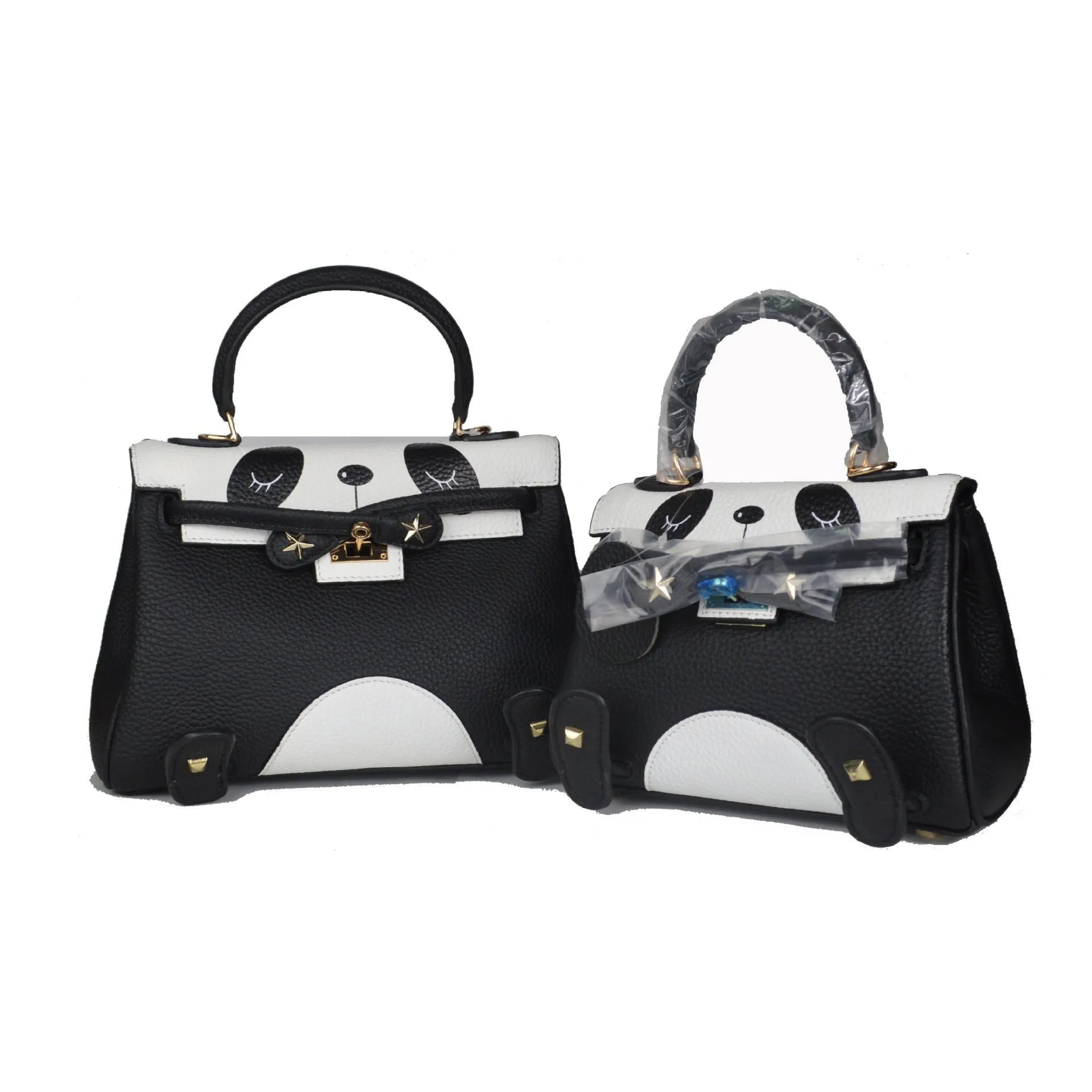 Square panda print cow leather handbag in sweet lady style showing two size options.