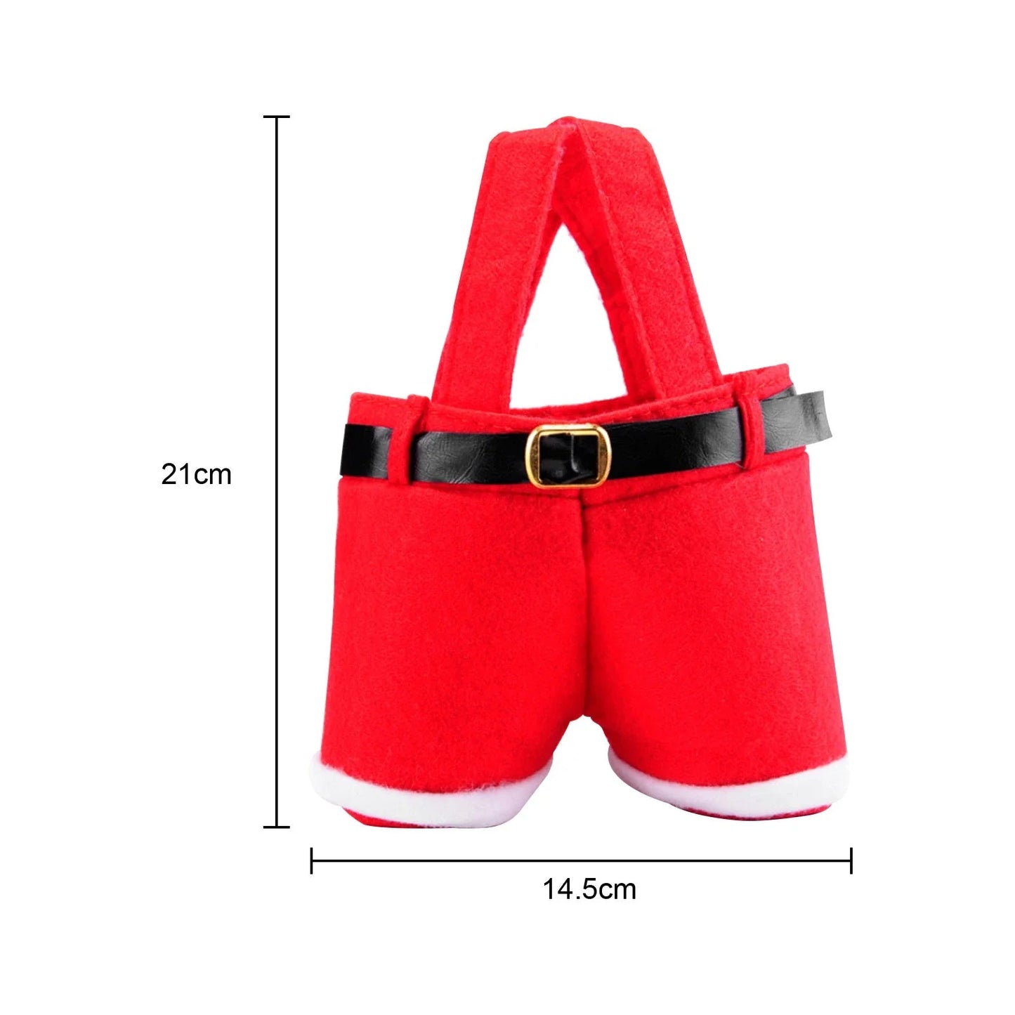 Festive wool Santa pants-style Christmas gift bag in red, perfect for holding holiday treats and small gifts