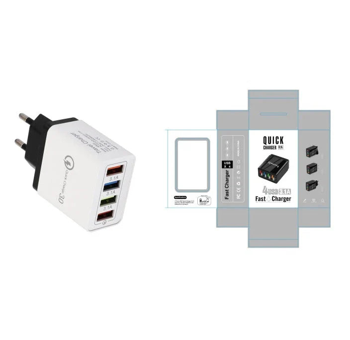 Powerful USB wall charger with Quick Charge 3.0 and 4 charging ports for fast, convenient device charging