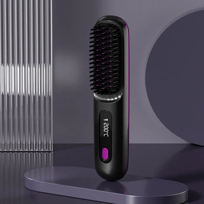 Cordless hair straightening brush with fast heating, long-lasting battery, and USB charging capabilities